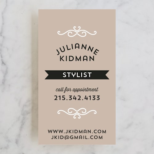 This is a soft taupe business cards by Color And Flair called fashion forward printing on signature in standard