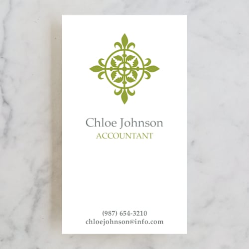 This is a green business cards by Serenity Avenue called modern elegance printing on signature in standard
