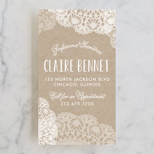 This is a kraft business cards by Erin Deegan called doilies on craft printing on signature in standard