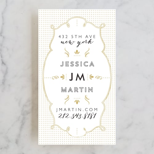 This is a lily business cards by Phrosné Barwood called formal gold printing on signature in standard