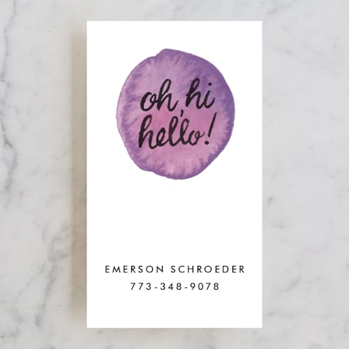 This is a plum business cards by A Little Big Picture called friendly greetings printing on signature in standard