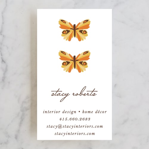 This is a tangerine business cards by A.C.R. called botanical butterfly printing on signature in standard