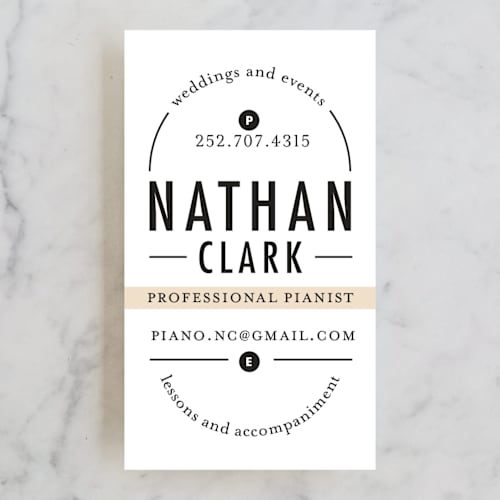 This is a tan business cards by Alethea and Ruth called classical composition printing on signature in standard