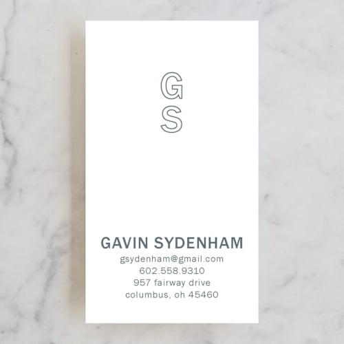 This is a slate blue business cards by Jennifer Postorino called clean and classy printing on signature in standard