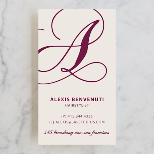 This is a plum business cards by SimpleTe Design called initial love printing on signature in standard