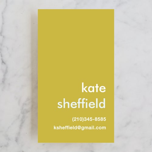 This is a pea business cards by Laura Hankins called mustard stripe printing on signature in standard