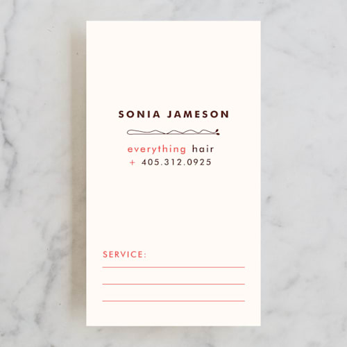 This is a peach business cards by Marabou Design called pin printing on signature in standard
