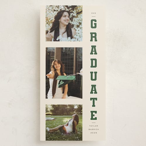 This is a evergreen graduation announcements with standard by Angela Garrick called varsity three printing on recycled smooth signature in tall