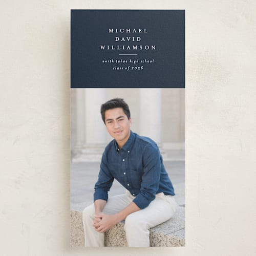 This is a navy graduation announcements with standard by Stacy Maalouf called classic announcement printing on recycled smooth signature in tall