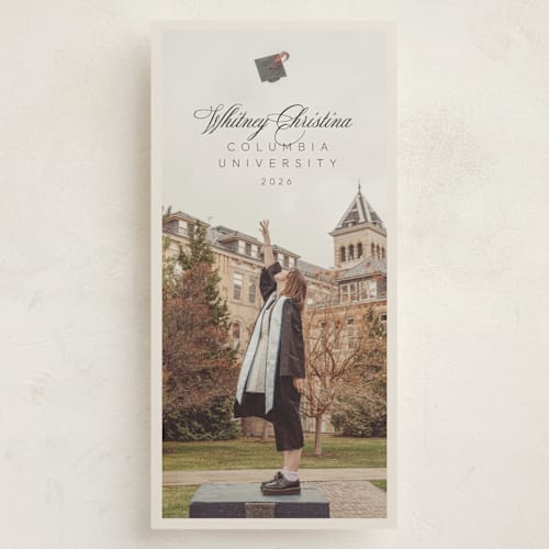 This is a sand graduation announcements with standard by Zove Ahhh called modern script printing on recycled smooth signature in tall