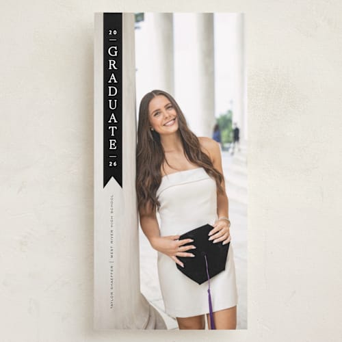 This is a noir graduation announcements with standard by Jackie Crawford called corner stole printing on recycled smooth signature in tall