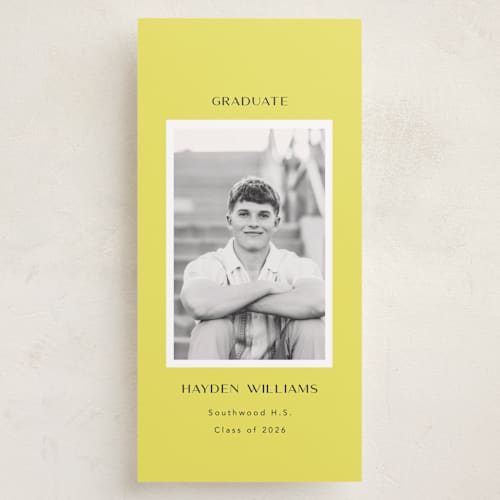 This is a lemon graduation announcements with standard by Kristen Knechtel called bright and bold printing on recycled smooth signature in tall