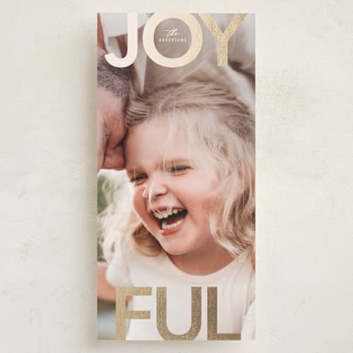 This is a snow foil pressed holiday cards with foil pressed by Stacy Maalouf called joyful printing on recycled smooth signature in standard