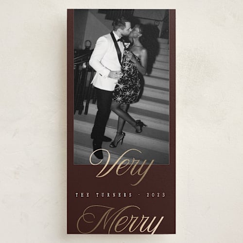This is a merlot foil pressed holiday cards with foil pressed by Chryssi Tsoupanarias called gilded glam printing on recycled smooth signature in tall
