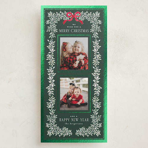 This is a evergreen foil pressed holiday cards with foil pressed by Itsy Belle Studio called elegance framed printing on recycled smooth signature in tall