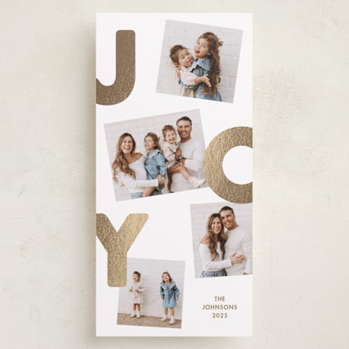 This is a halo foil pressed holiday cards with foil pressed by Kacey Kendrick Wagner called jumbled joy printing on recycled smooth signature in standard