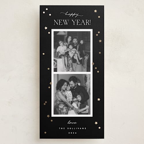 This is a noir foil pressed holiday cards with foil pressed by Emily Sabol Goss called new year confetti printing on recycled smooth signature in tall