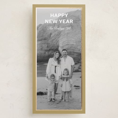 This is a goldenrod foil pressed holiday cards with foil pressed by Morgan Kendall called shimmer printing on recycled smooth signature in tall