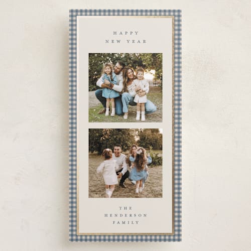 This is a blue spruce foil pressed holiday cards with foil pressed by Kelly Watkins called gingham border printing on recycled smooth signature in tall