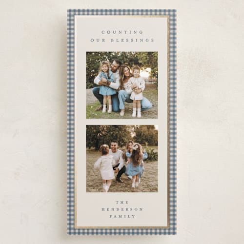 This is a blue spruce foil pressed holiday cards with foil pressed by Kelly Watkins called gingham border printing on recycled smooth signature in tall