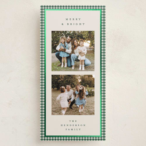 This is a rosemary foil pressed holiday cards with foil pressed by Kelly Watkins called gingham border printing on recycled smooth signature in tall