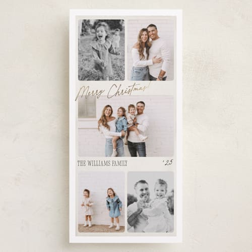 This is a snow foil pressed holiday cards with foil pressed by Robert and Stella called holiday film printing on recycled smooth signature in tall