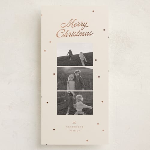 This is a salmon foil pressed holiday cards with foil pressed by Ellen Schlegelmilch called dainty dots printing on recycled smooth signature in tall