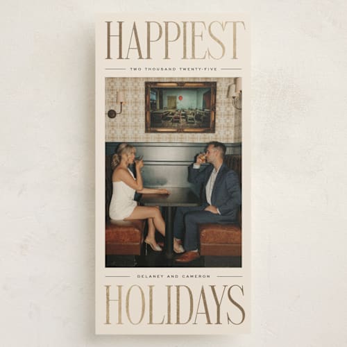 This is a licorice foil pressed holiday cards with foil pressed by Ekko Studio called elongated printing on recycled smooth signature in tall