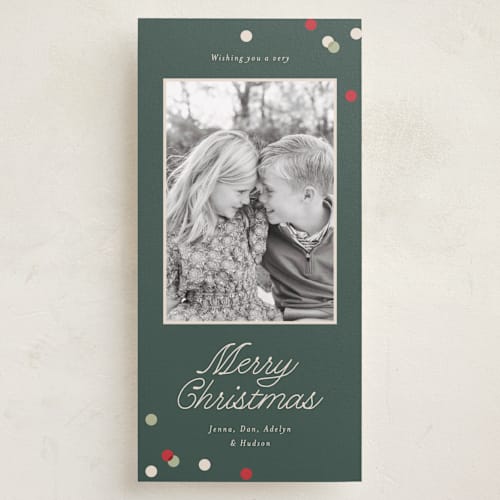 This is a evergreen holiday photo cards with standard by Angela Garrick called polka corner printing on recycled smooth signature in tall