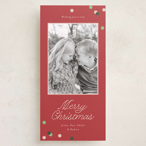 This is a cranberry holiday photo cards with standard by Angela Garrick called polka corner printing on recycled smooth signature in tall