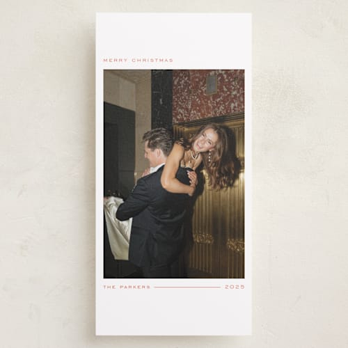 This is a coral holiday photo cards with standard by Lottie Aldarwish called soirée printing on recycled smooth signature in tall