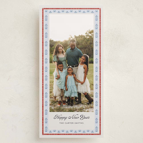This is a frost holiday photo cards with standard by Lottie Aldarwish called blockprint printing on recycled smooth signature in tall