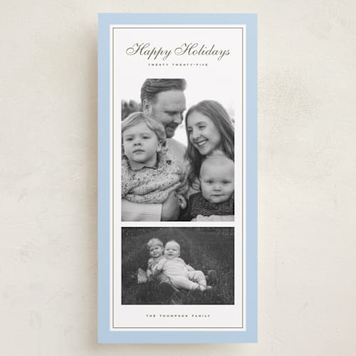 This is a blue spruce holiday photo cards with standard by Wildfield Paper Co called sage printing on recycled smooth signature in tall