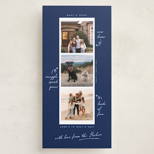 This is a navy holiday photo cards with standard by Leia Matt called storystrip printing on recycled smooth signature in tall