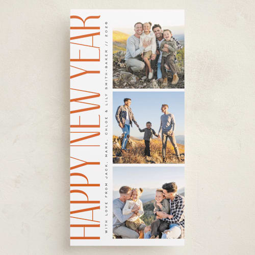 This is a tangerine holiday photo cards with standard by Owl and Toad called stacked printing on recycled smooth signature in tall