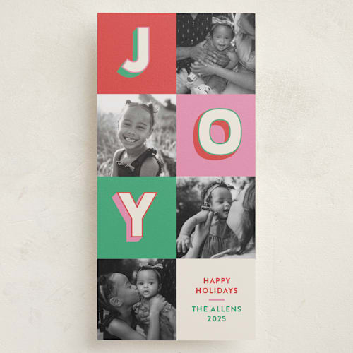 This is a retro holiday photo cards with standard by Kacey Kendrick Wagner called color pop joy printing on recycled smooth signature in tall