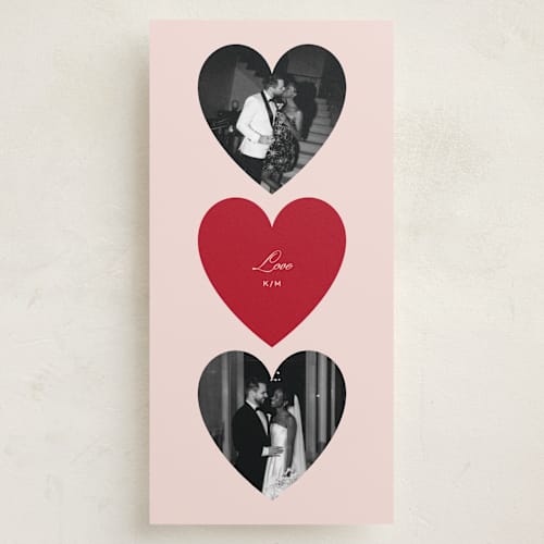 This is a blush holiday photo cards with standard by Jennifer Lew called trois heart printing on recycled smooth signature in tall