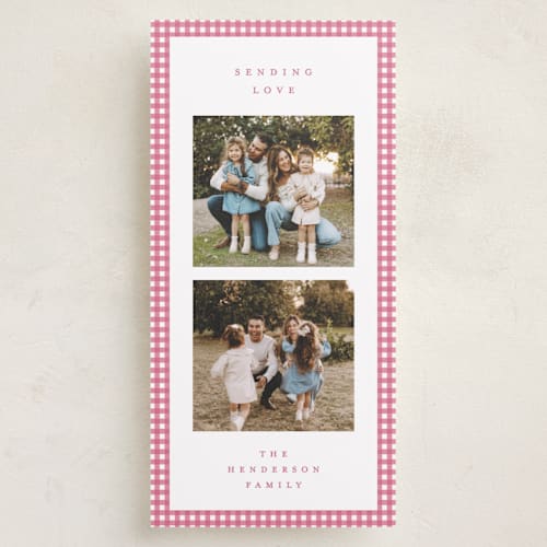 This is a peony holiday photo cards with standard by Kelly Watkins called gingham border printing on recycled smooth signature in tall