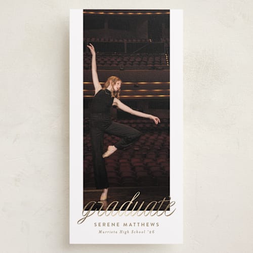 This is a coffee graduation announcements with foil pressed by Becky Nimoy called reach printing on recycled smooth signature in tall