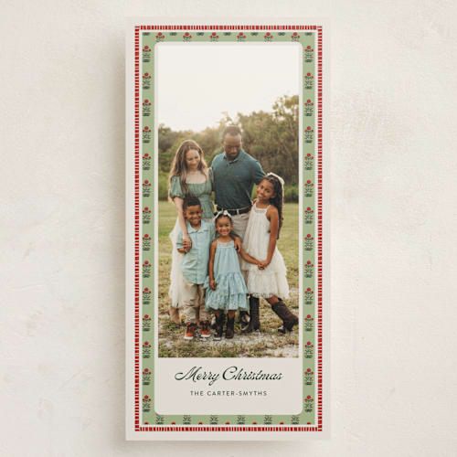 This is a sage holiday photo cards with standard by Lottie Aldarwish called blockprint printing on signature in tall