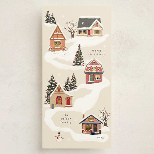 This is a vanilla holiday photo cards with standard by Becky Nimoy called snowy neighborhood printing on signature in tall