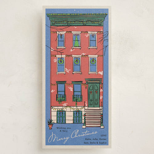 This is a brick holiday photo cards with standard by Becky Nimoy called vintage brownstone printing on signature in tall