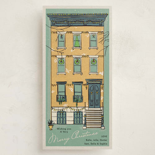 This is a honey holiday photo cards with standard by Becky Nimoy called vintage brownstone printing on signature in tall