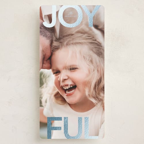 This is a frost foil pressed holiday cards with foil pressed by Stacy Maalouf called joyful printing on recycled smooth signature in tall