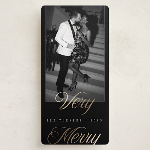 This is a noir foil pressed holiday cards with foil pressed by Chryssi Tsoupanarias called gilded glam printing on recycled smooth signature in tall