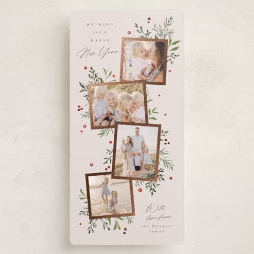 This is a champagne foil pressed holiday cards with foil pressed by Everett Paper Goods called botanically printing on recycled smooth signature in tall