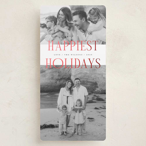 This is a snow foil pressed holiday cards with foil pressed by Michelle Taylor called happiest moments printing on recycled smooth signature in tall