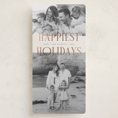This is a latte foil pressed holiday cards with foil pressed by Michelle Taylor called happiest moments printing on recycled smooth signature in tall