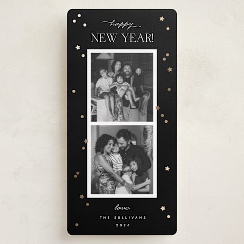 This is a noir foil pressed holiday cards with foil pressed by Emily Sabol Goss called new year confetti printing on recycled smooth signature in tall