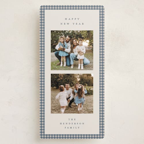 This is a blue spruce holiday photo cards with standard by Kelly Watkins called gingham border printing on recycled smooth signature in tall